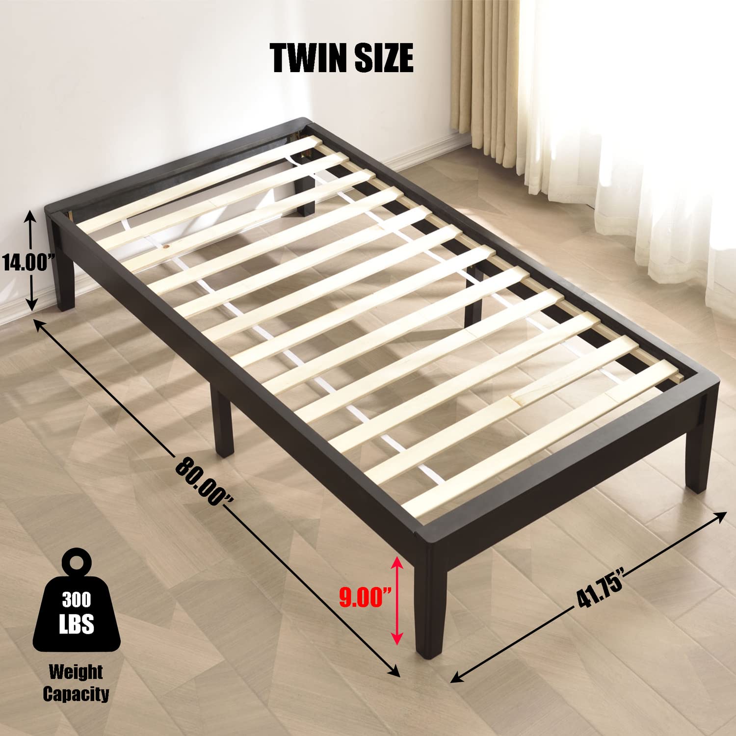 Better Home Products Stella Solid Pine Wood Twin Platform Bed Frame in Black